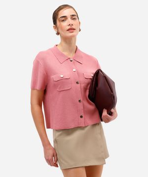 camisa feminina de tricot manga curta rosa