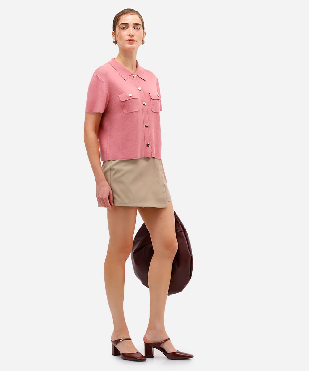 camisa feminina de tricot manga curta rosa