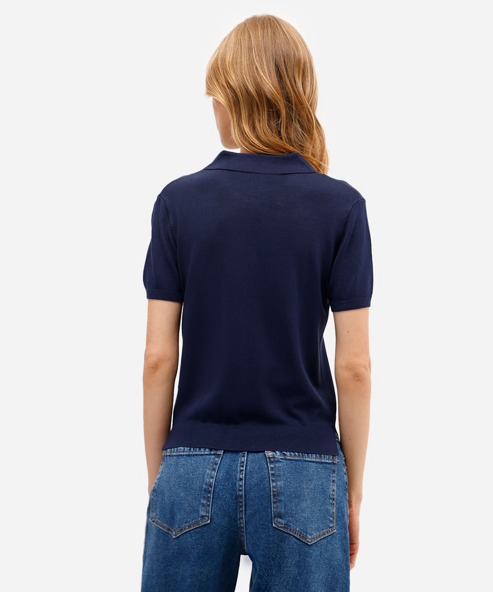 polo feminina de tricot manga curta azul