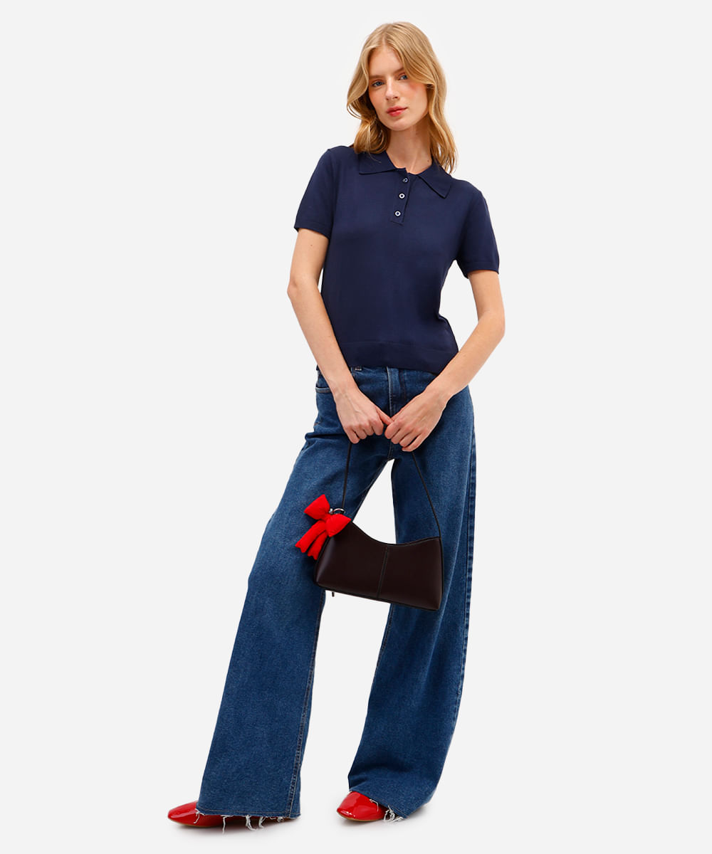 polo feminina de tricot manga curta azul