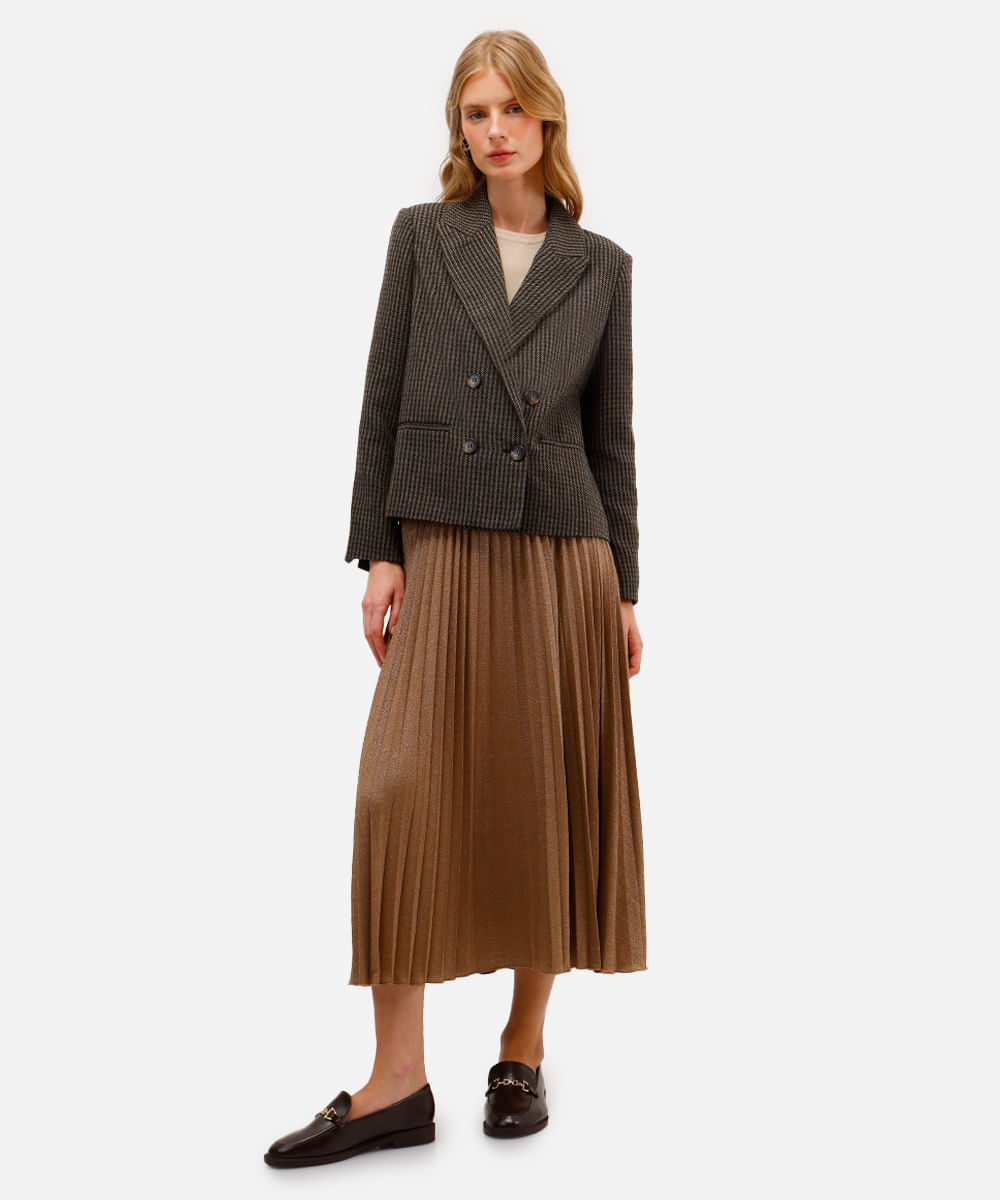 saia midi feminina plissada com lurex dourada
