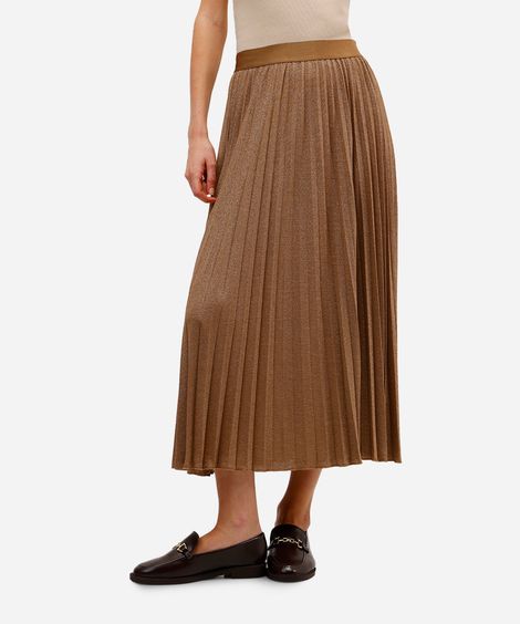 saia midi feminina plissada com lurex dourada