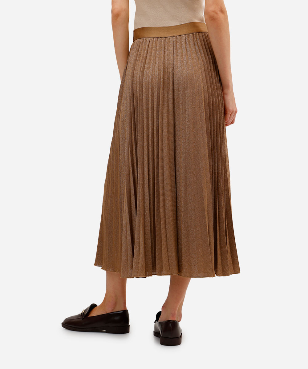 saia midi feminina plissada com lurex dourada