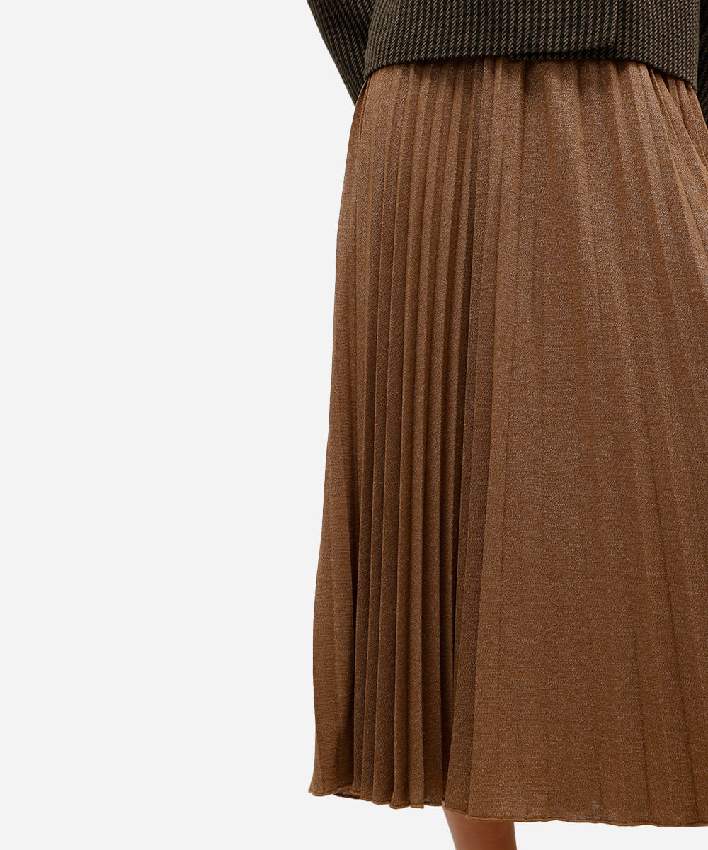 saia midi feminina plissada com lurex dourada