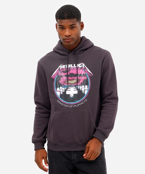 blusão masculino de moletom metallica com capuz cinza