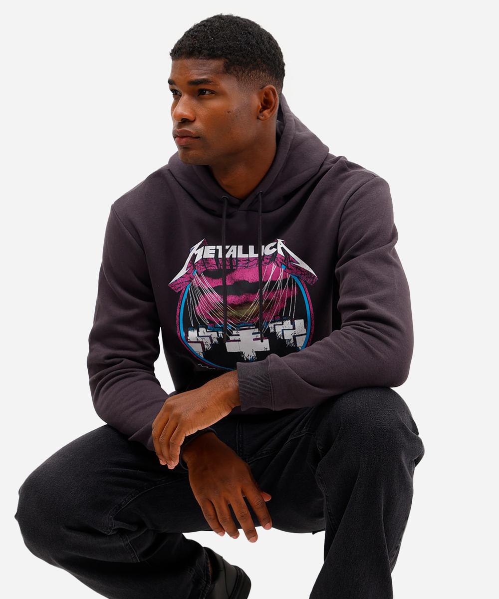 blusão masculino de moletom metallica com capuz cinza
