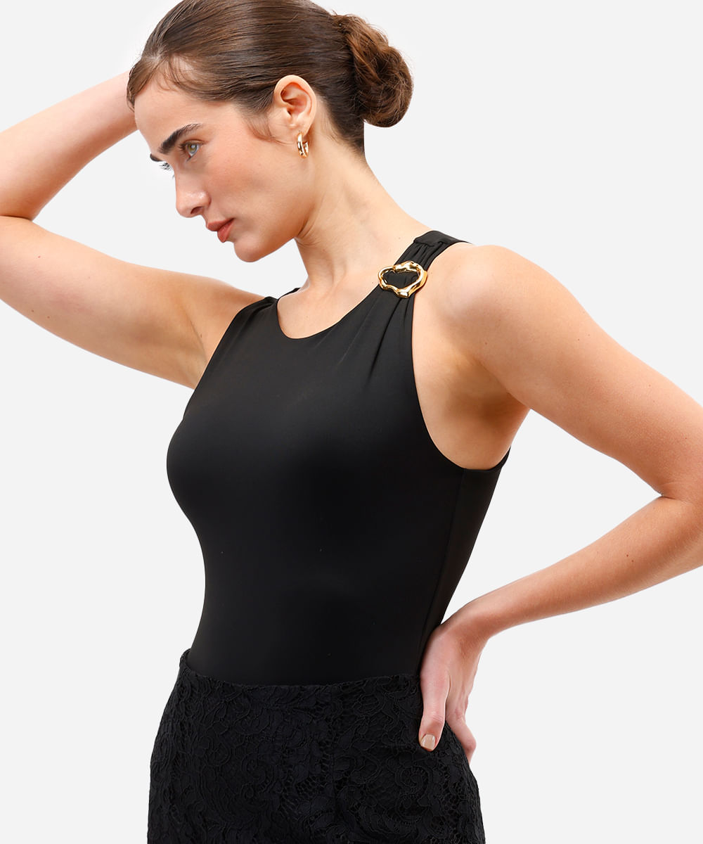 body feminino de poliamida com franzido preto