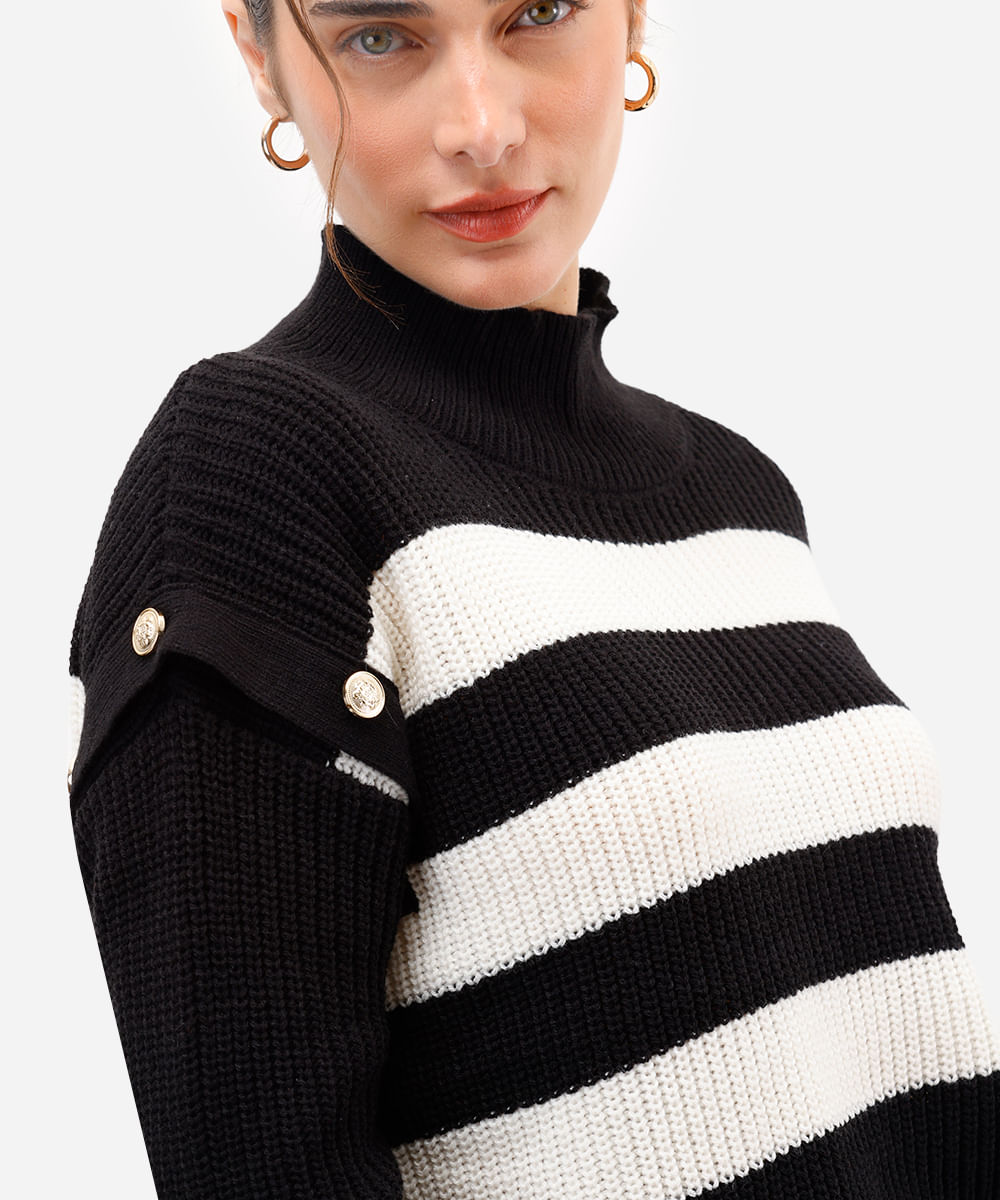 suéter feminino de tricot com botões listrado  preto