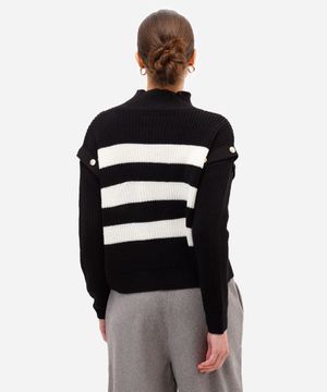 suéter feminino de tricot com botões listrado  preto