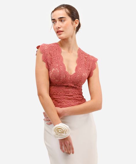 blusa feminina rendada decote v rosa
