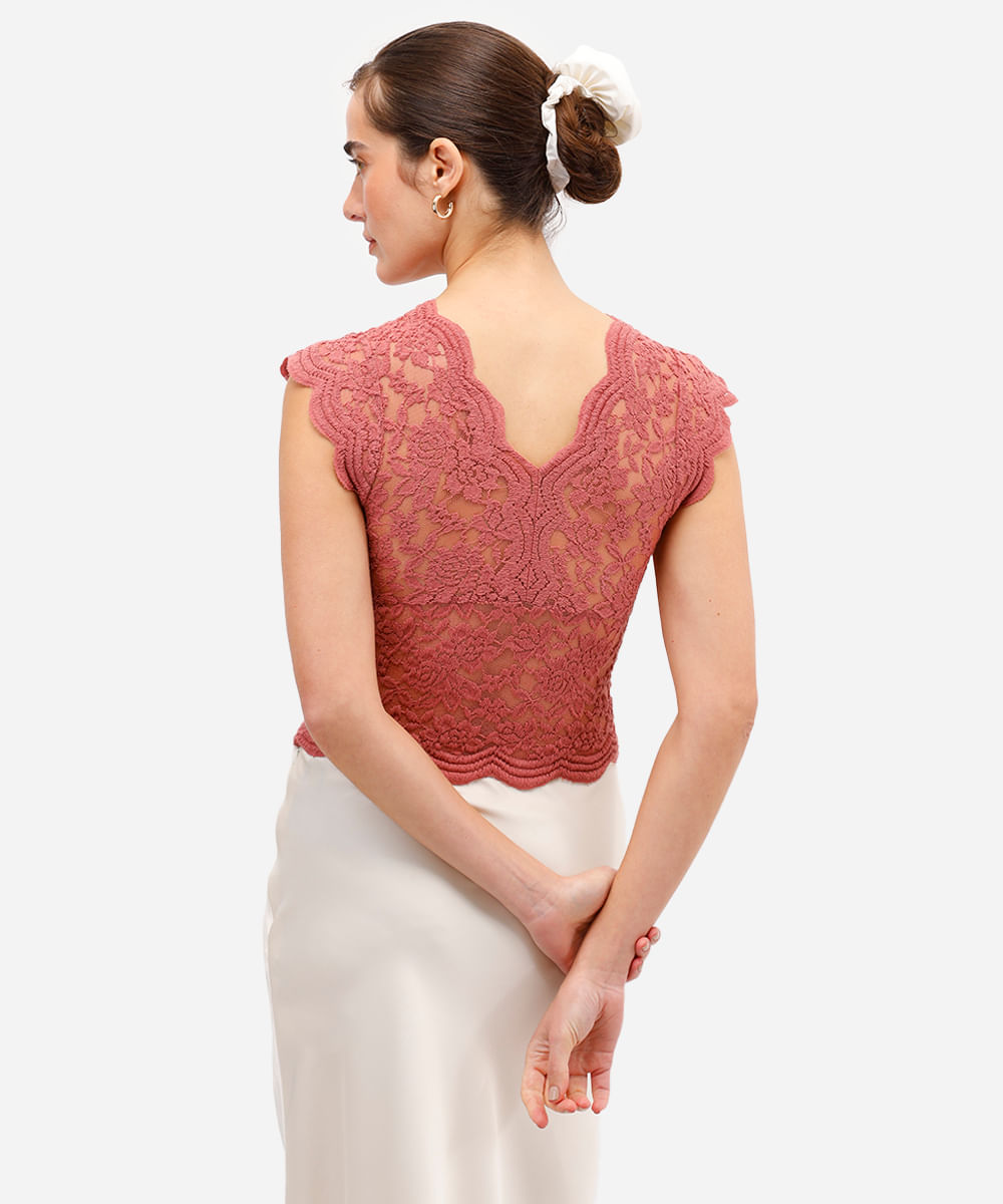 blusa feminina rendada decote v rosa
