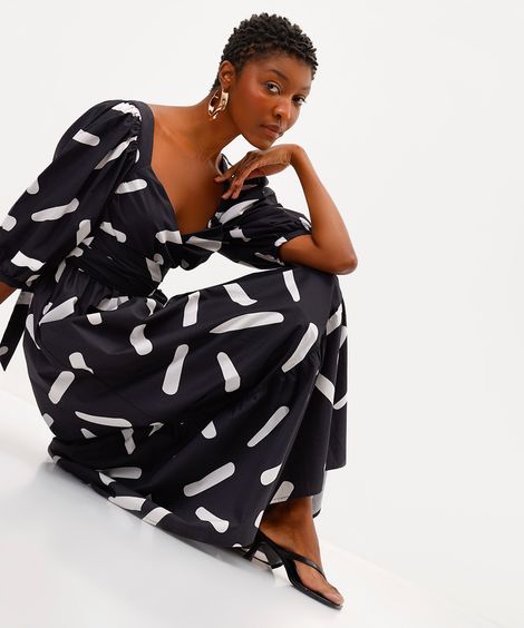 vestido longo feminino manga bufante estampado babi louise preto