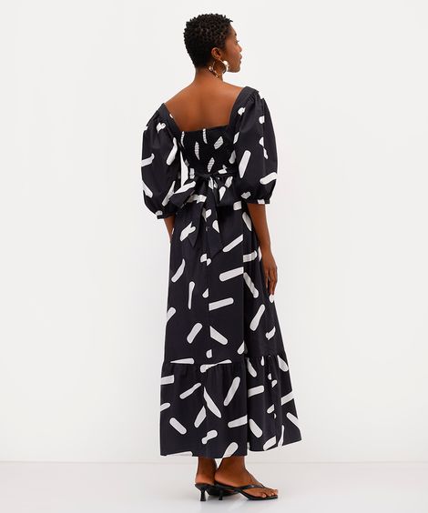 vestido longo feminino manga bufante estampado babi louise preto