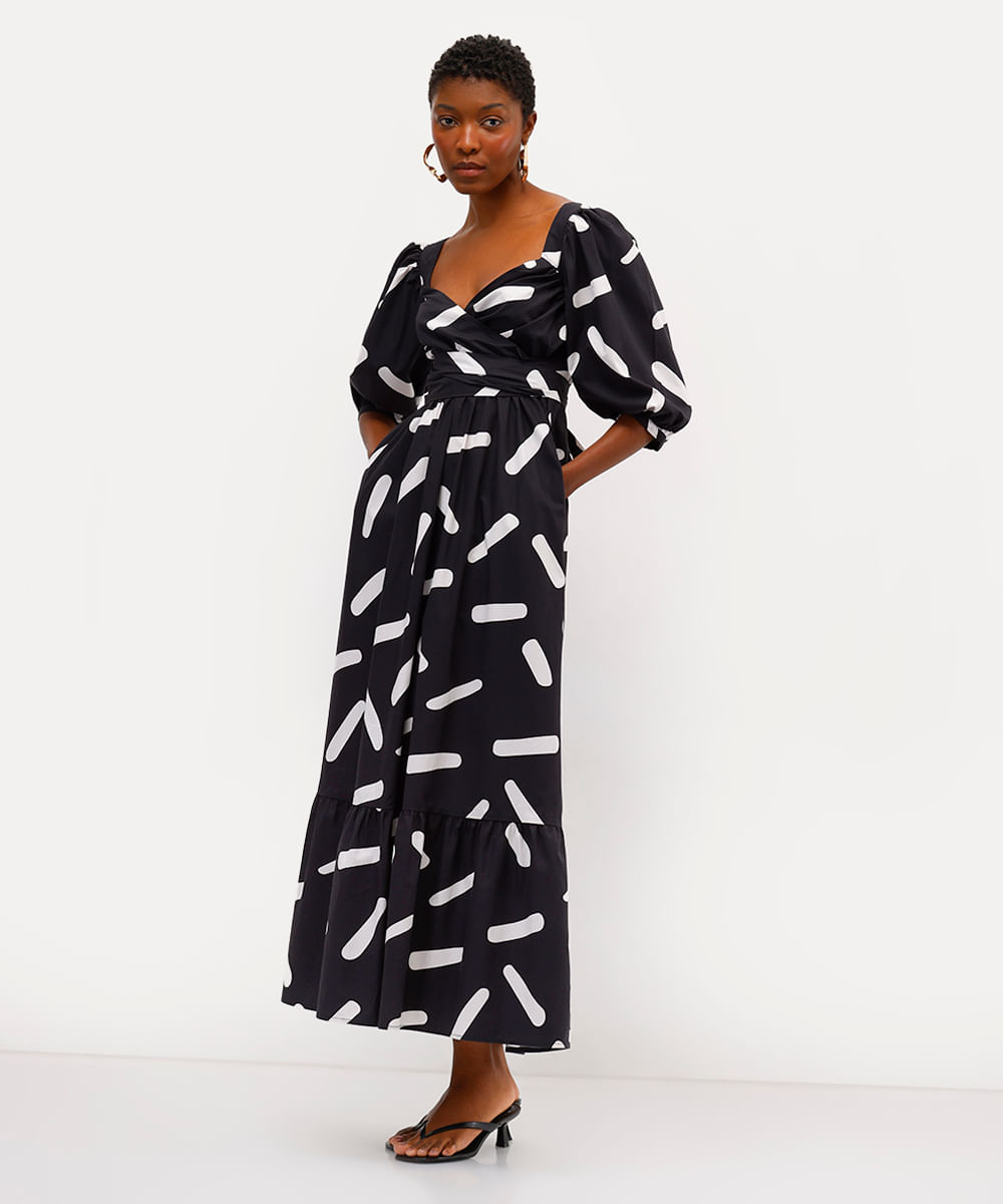 vestido longo feminino manga bufante estampado babi louise preto