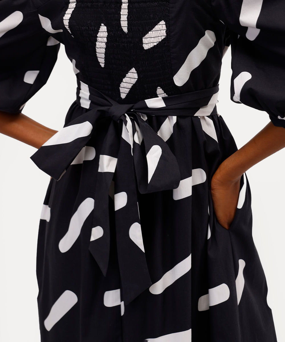 vestido longo feminino manga bufante estampado babi louise preto