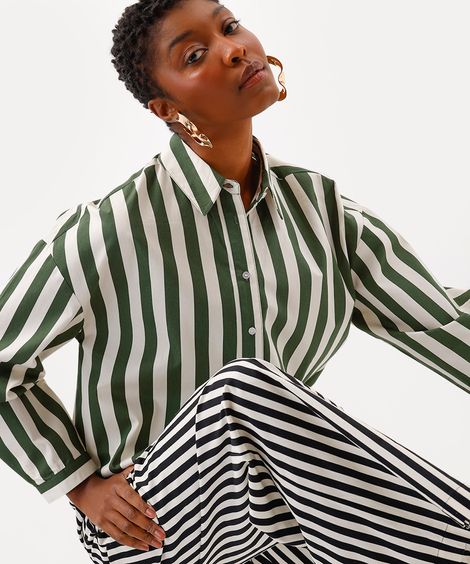 camisa oversized feminina de algodão listrada babi louise verde