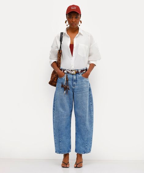 calça barrel feminina jeans cintura alta babi louise azul