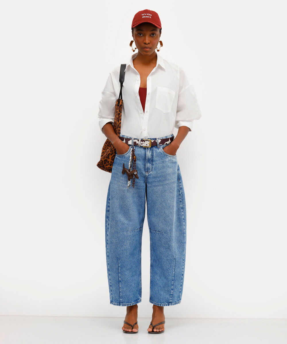 calça barrel feminina jeans cintura alta babi louise azul