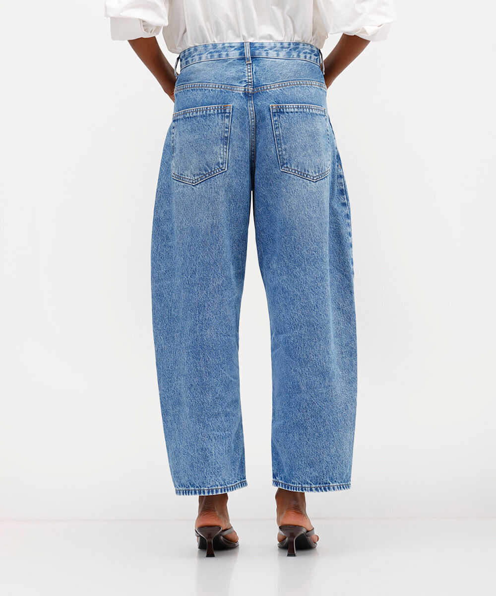 calça barrel feminina jeans cintura alta babi louise azul