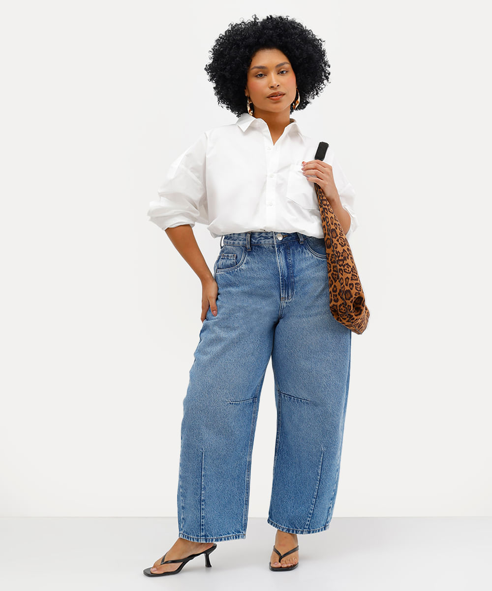 calça barrel feminina jeans cintura alta babi louise azul