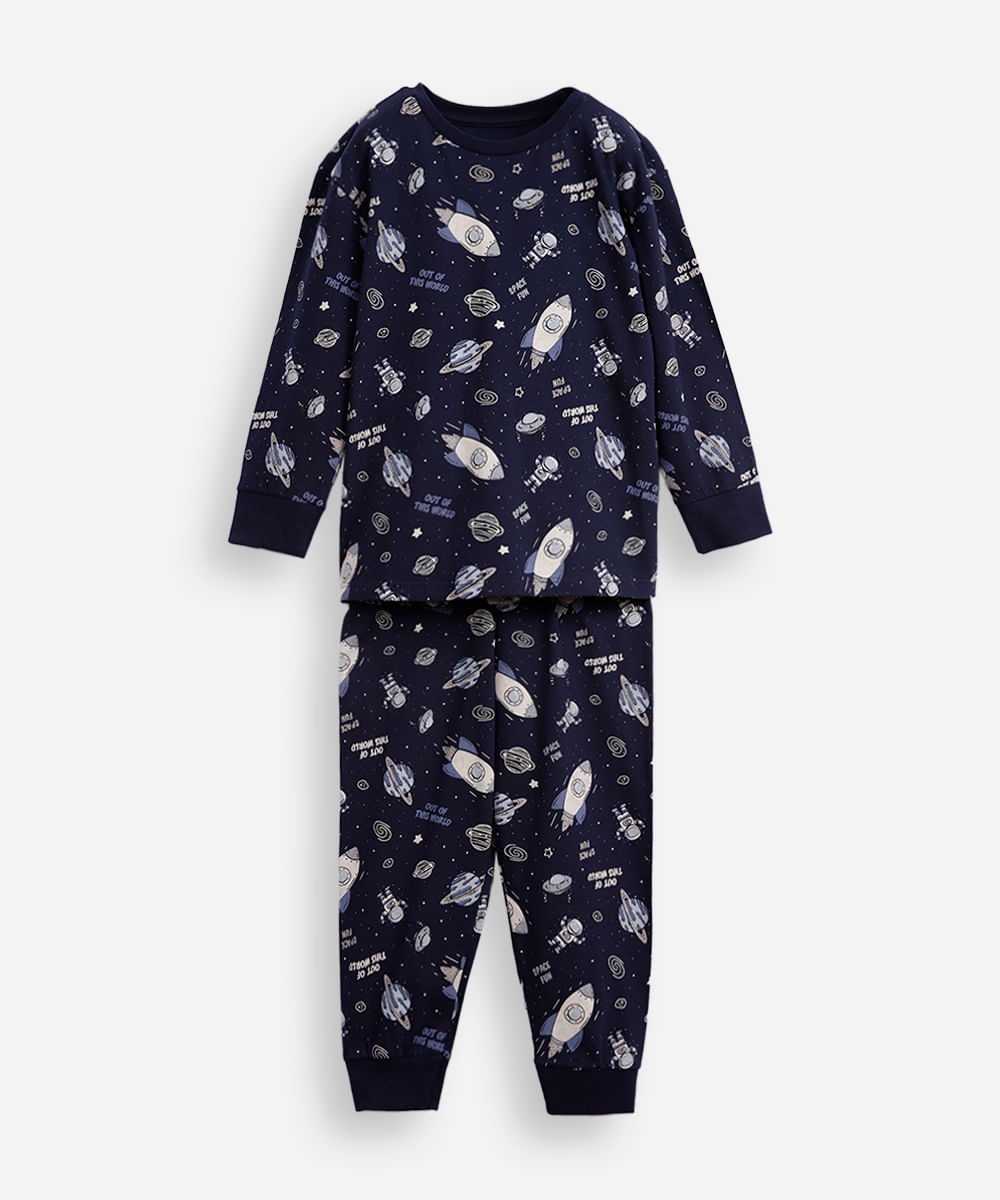pijama longo infantil algodão galáxia azul