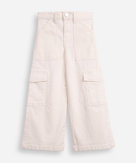 calça wide leg infantil de sarja com bolsos cargo off white