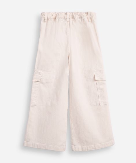 calça wide leg infantil de sarja com bolsos cargo off white