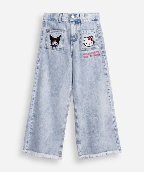 calça wide leg infantil jeans barra desfiada hello kitty azul