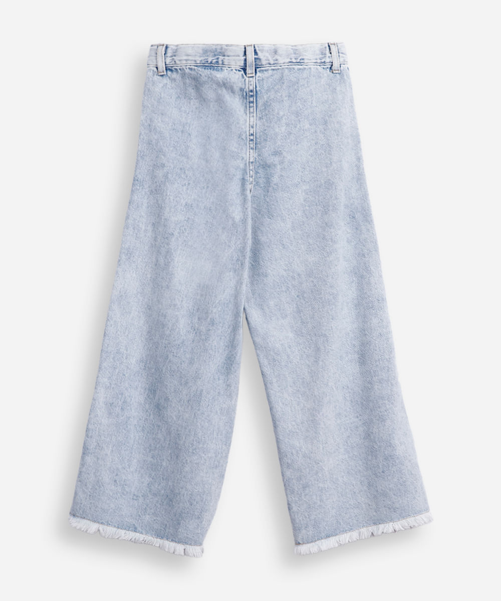 calça wide leg infantil jeans barra desfiada hello kitty azul