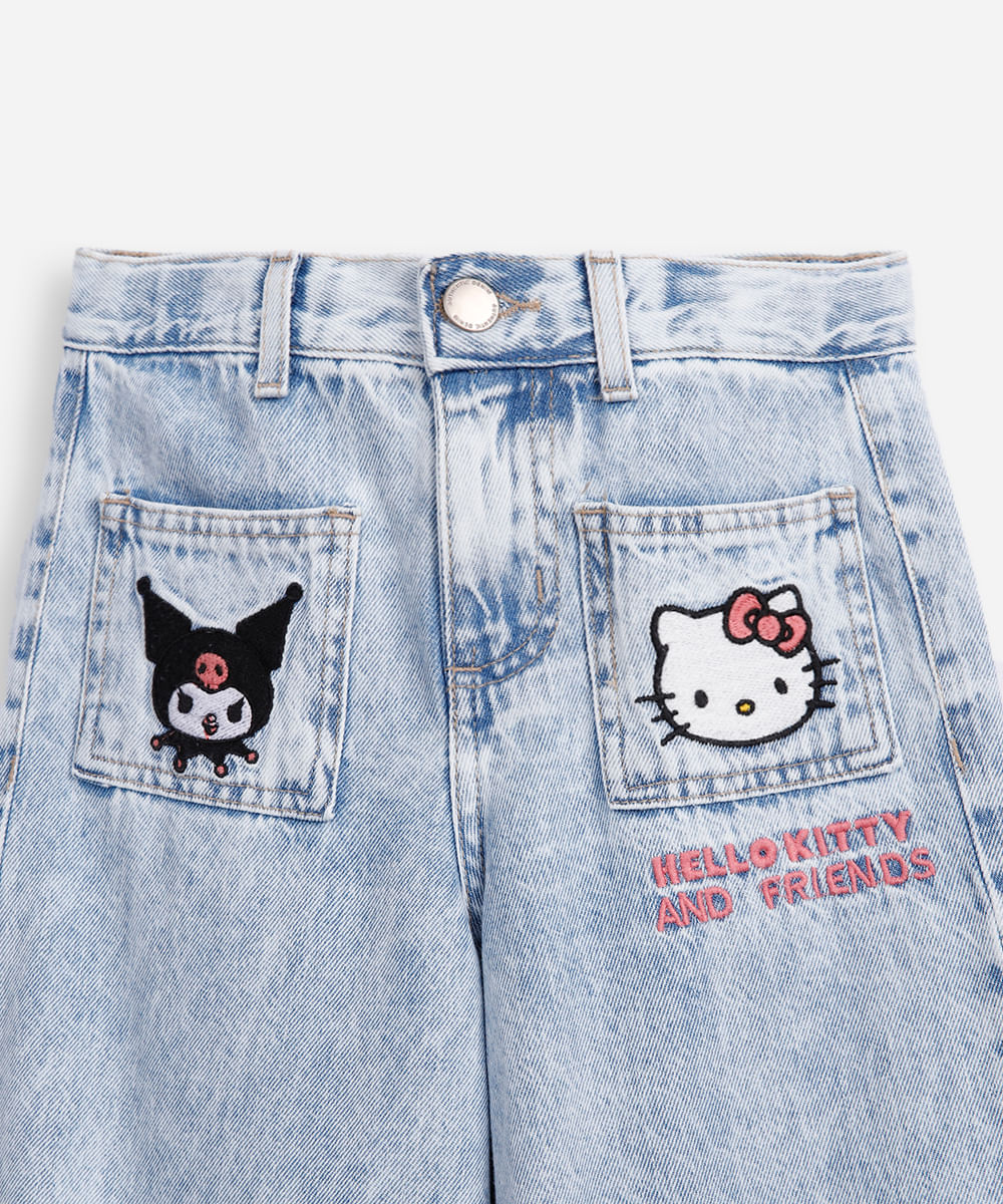calça wide leg infantil jeans barra desfiada hello kitty azul