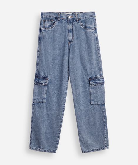 calça reta juvenil jeans com bolso cargo azul