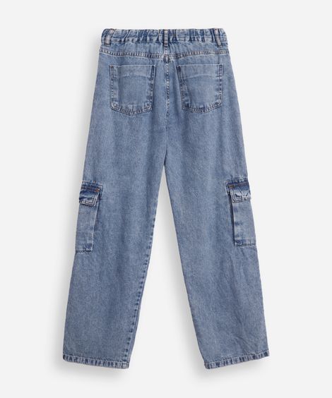 calça reta juvenil jeans com bolso cargo azul