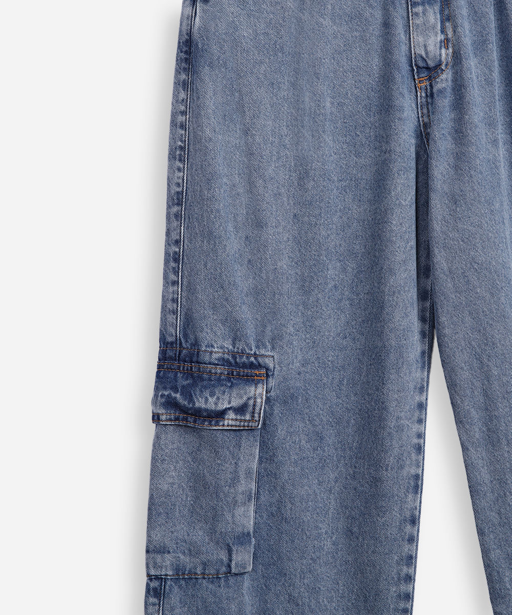 calça reta juvenil jeans com bolso cargo azul