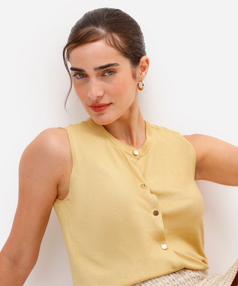 blusa feminina de tricot com botões amarela