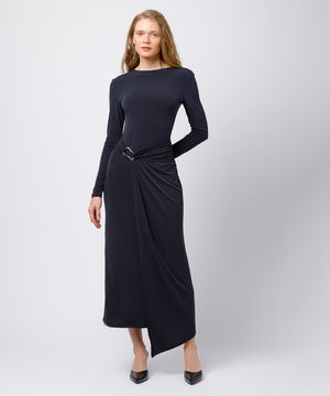 vestido midi feminino manga longa com fenda mindset preto