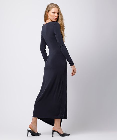 vestido midi feminino manga longa com fenda mindset preto