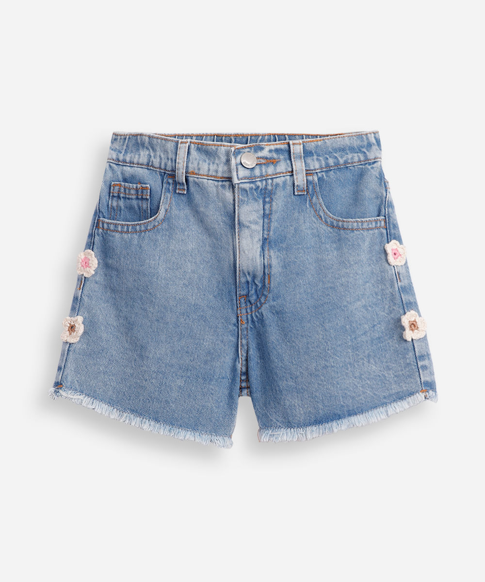 short jeans infantil com bordado azul