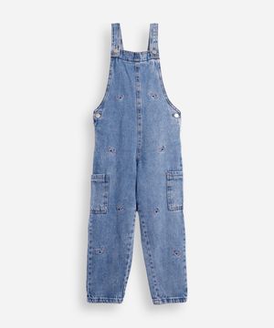 jardineira jeans infantil com bordado stitch azul