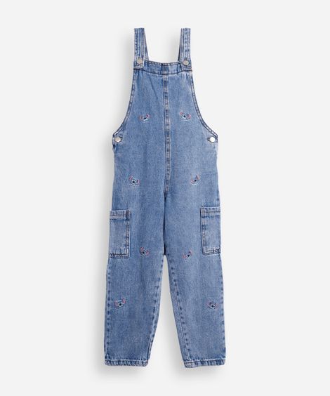 jardineira jeans infantil com bordado stitch azul