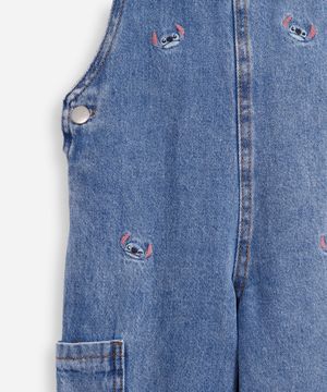 jardineira jeans infantil com bordado stitch azul