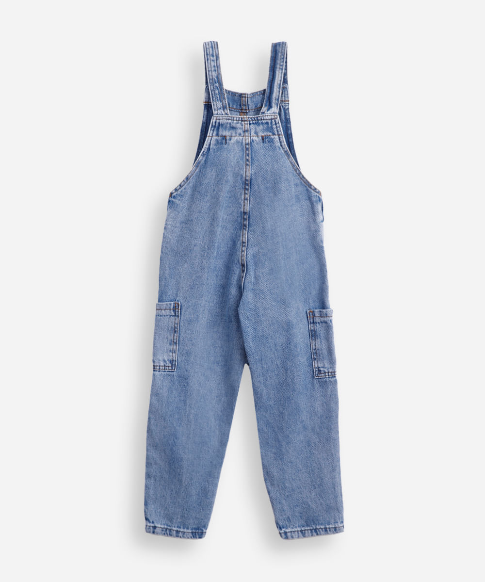 jardineira jeans infantil com bordado stitch azul