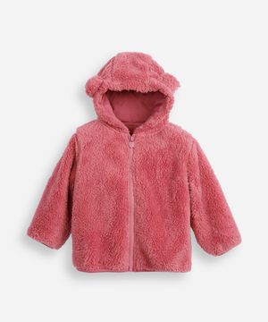 jaqueta infantil de pelúcia com capuz de orelhinha rosa