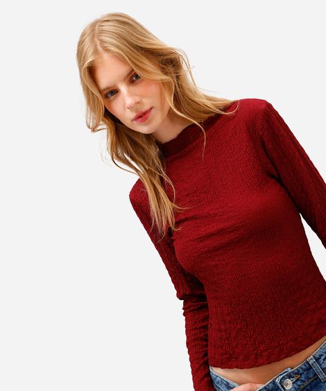 blusa feminina manga longa gola alta texturizada vinho