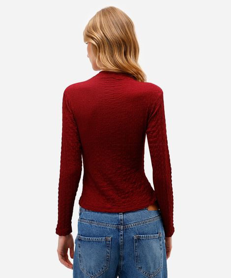 blusa feminina manga longa gola alta texturizada vinho