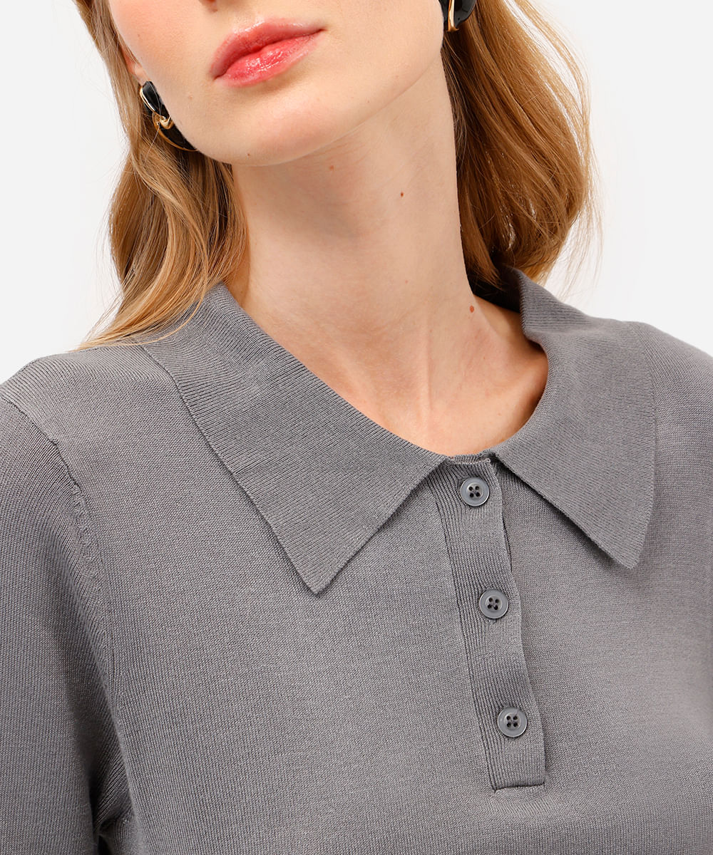 polo feminina de tricot manga longa cinza