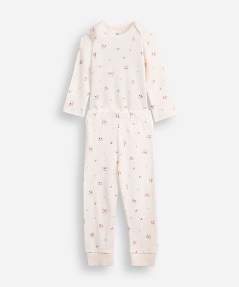 conjunto longo infantil de algodão floral off white