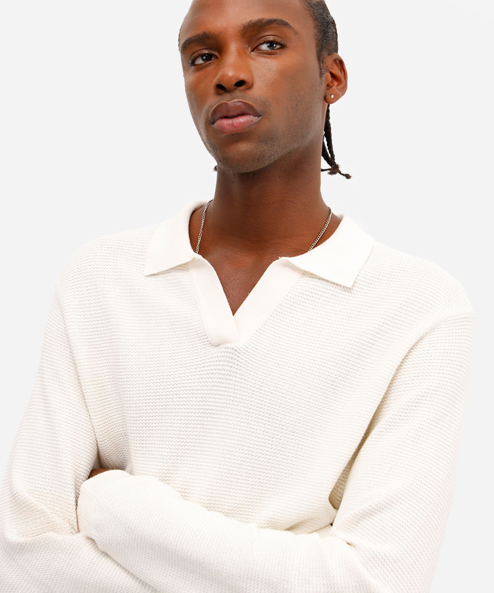 polo masculina de tricot manga longa off white