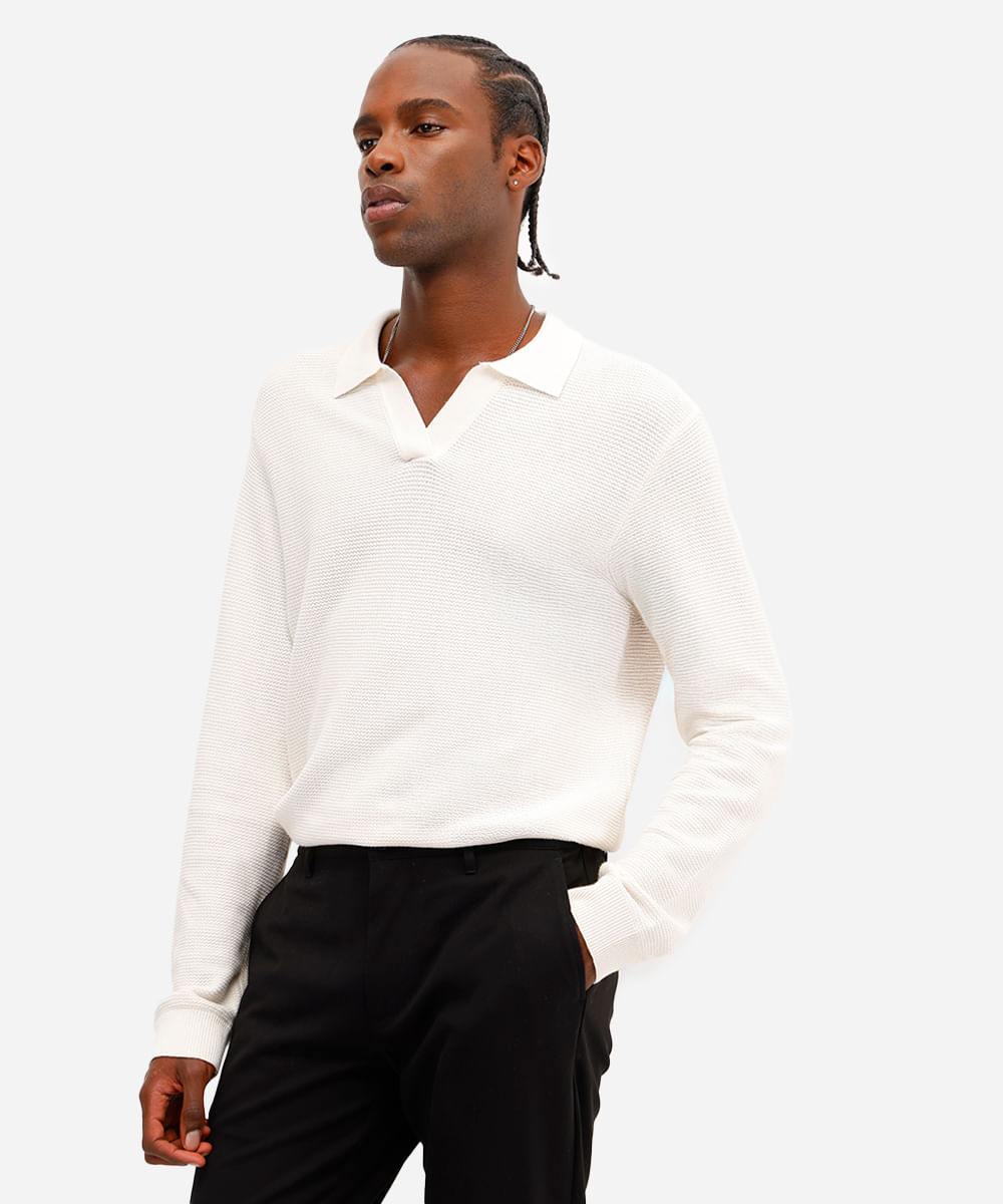 polo masculina de tricot manga longa off white