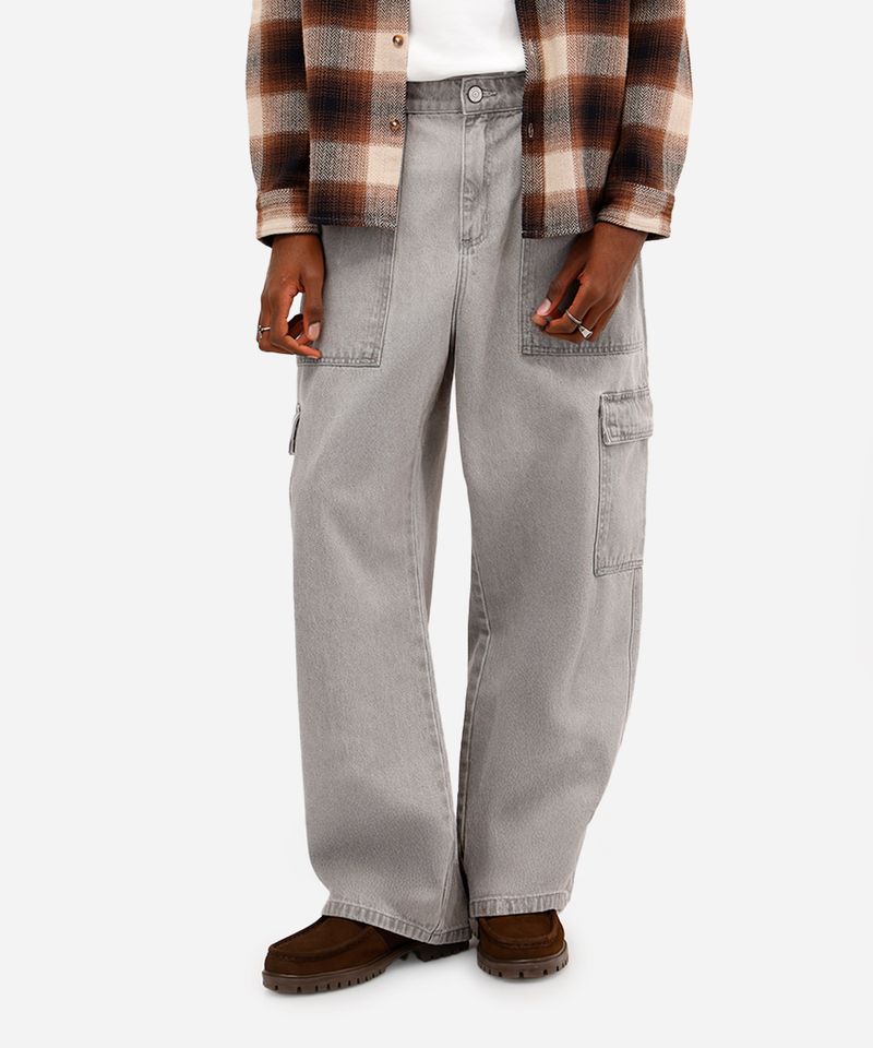 calça super baggy masculina jeans com bolsos cargo cinza
