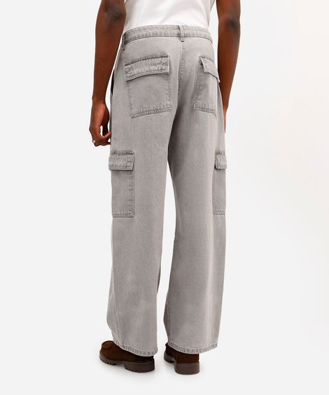 calça super baggy masculina jeans com bolsos cargo cinza